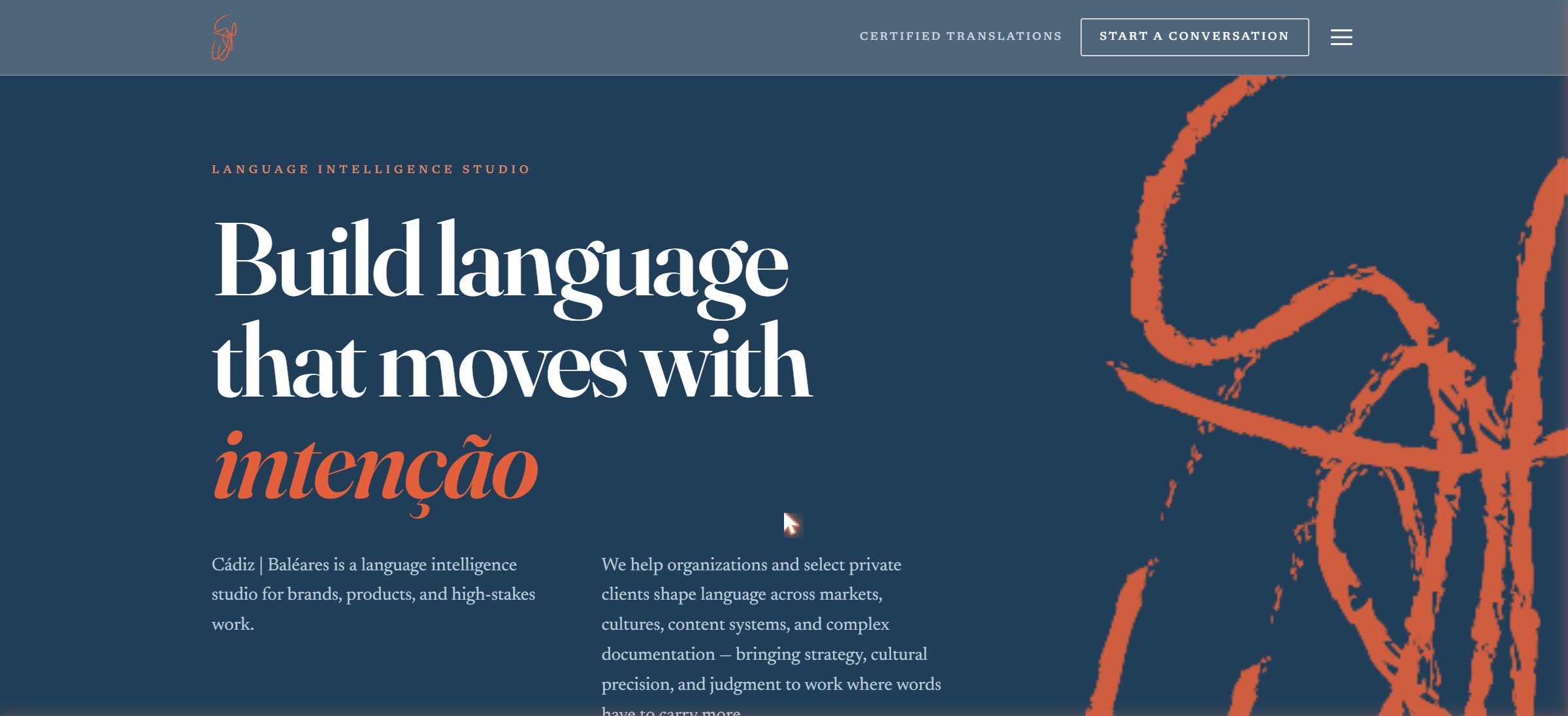 The Cádiz | Baléares homepage — &ldquo;Build language that moves with intención&rdquo; over a deep navy scene with the studio's coral emblem.