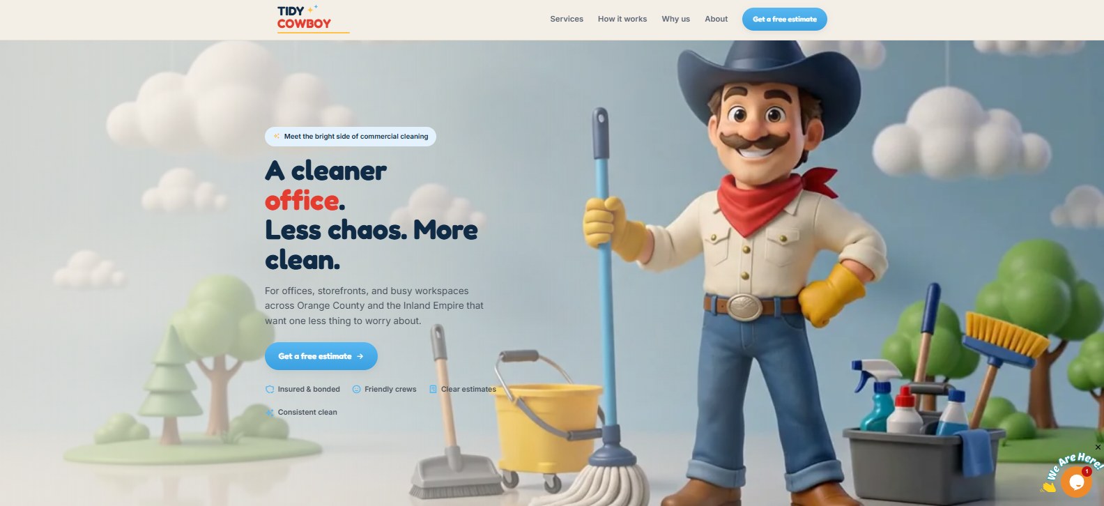 The Tidy Cowboy homepage — the cowboy mascot beside the navigation and logo, on a bright big-sky scene.